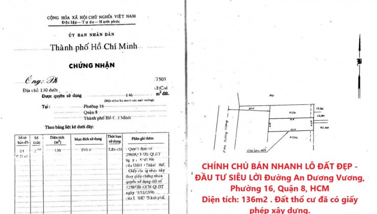 CHÍNH CHỦ BÁN NHANH LÔ ĐẤT ĐẸP - ĐẦU TƯ SIÊU LỜI Đường An Dương Vương, Phường 16, Quận 8, HCM